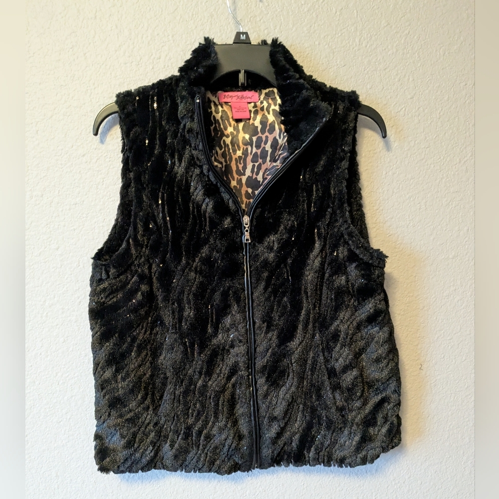 Betsey Johnson Black Faux Fur Zip Front Vest with Sequins and Leopard Lining Sz.